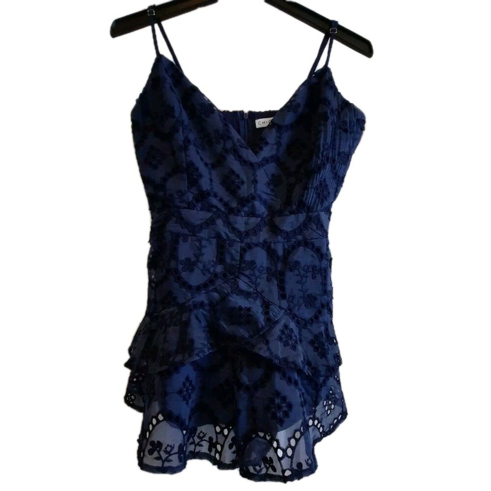 Chicways Navy Blue Eyelet Embroidered Sleeveless Strap Tiered Mini Dress  Large